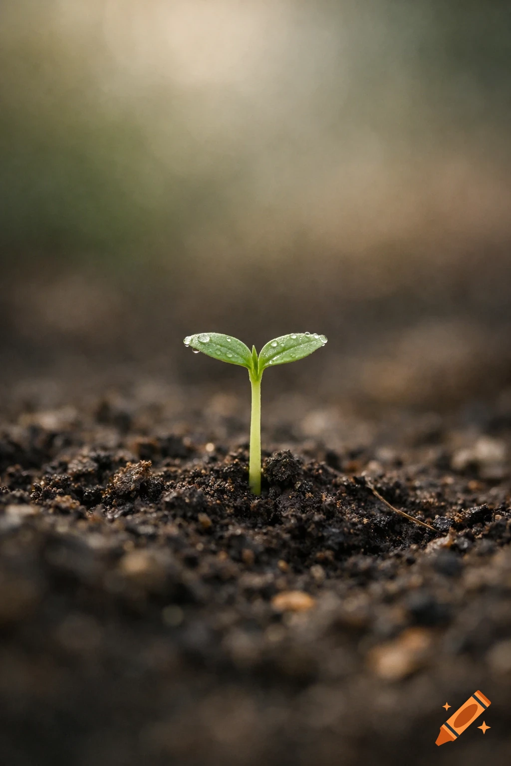 A tiny green plant sprout with two leaves and water droplets emerges from dark soil against a blurred background.