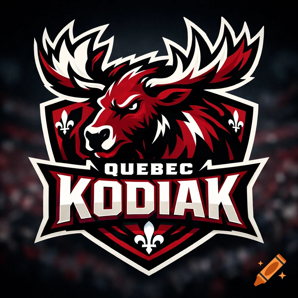 Stylized red, black, and white sports logo featuring an aggressive moose head with large antlers, above the words 'QUEBEC KODIAK'.