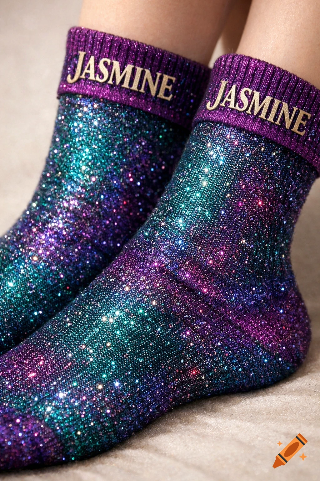 Close-up of two feet wearing glittery purple and teal socks with the word 'JASMINE' embroidered on the purple cuffs.