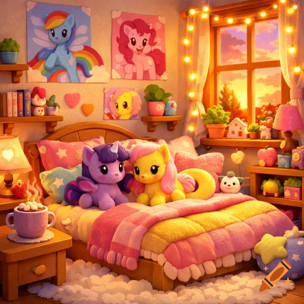 Cozy My Little Pony themed bedroom with plushies on the bed, character posters, warm string lights, a sunset view, and hot chocolate.