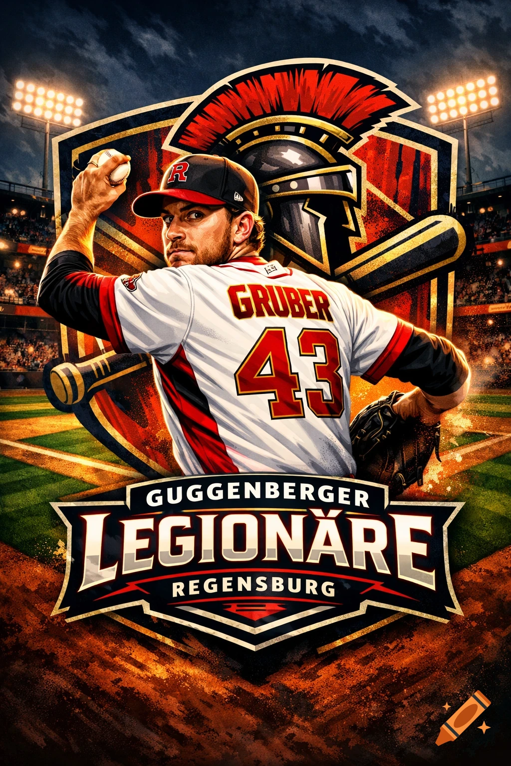 A dynamic baseball logo featuring a pitcher in a white and red uniform with "GRUBER 43" on his back, set against a stadium backdrop. The logo also shows a Spartan helmet and reads "GUGGENBERGER LEGIONARE REGENSBURG".