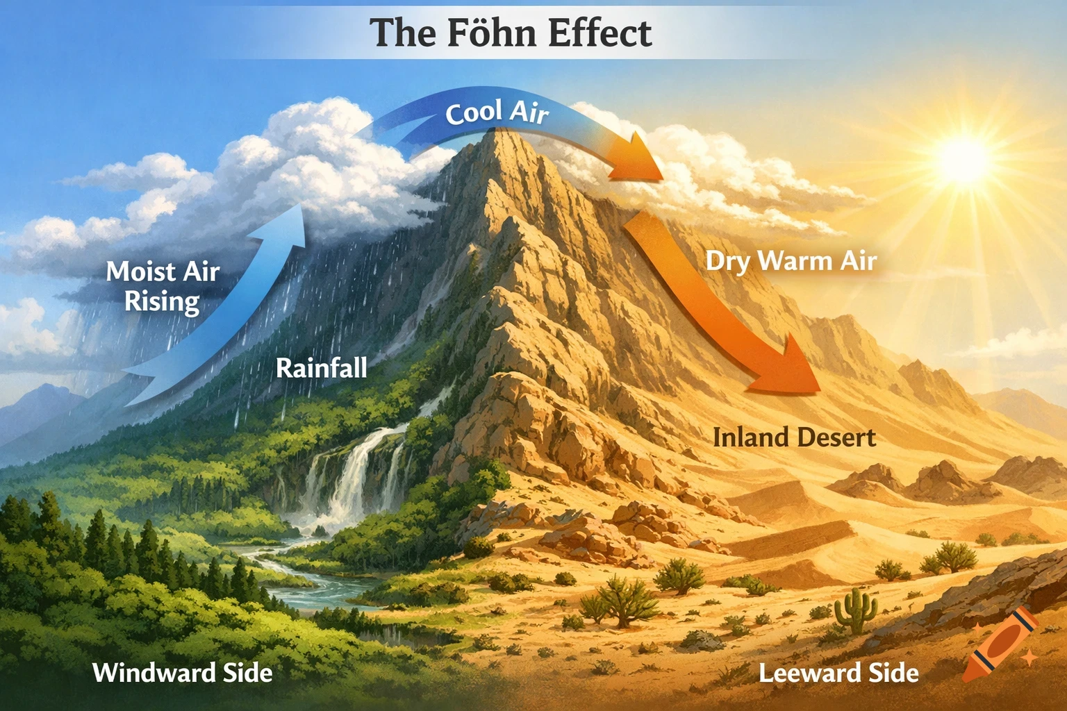 Diagram illustrating the Föhn effect, showing moist air rising on a green, rainy windward mountain side and dry warm air descending on a sunny desert leeward side.