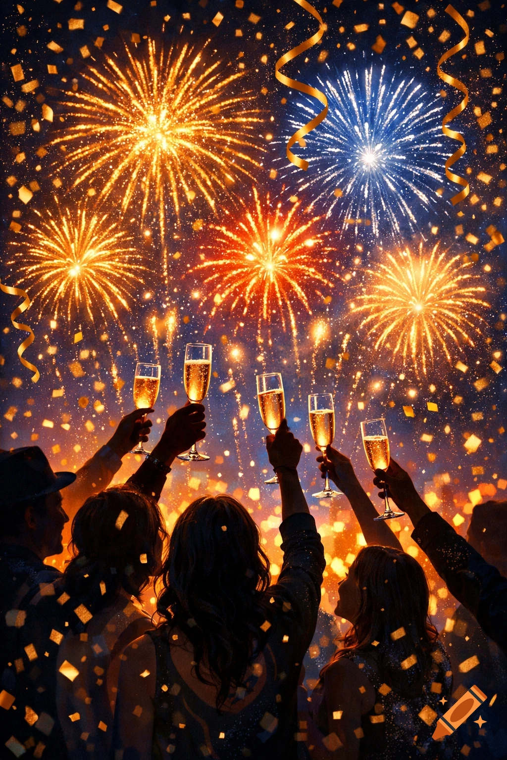 People raise champagne glasses to vibrant fireworks and golden confetti against a night sky, celebrating.