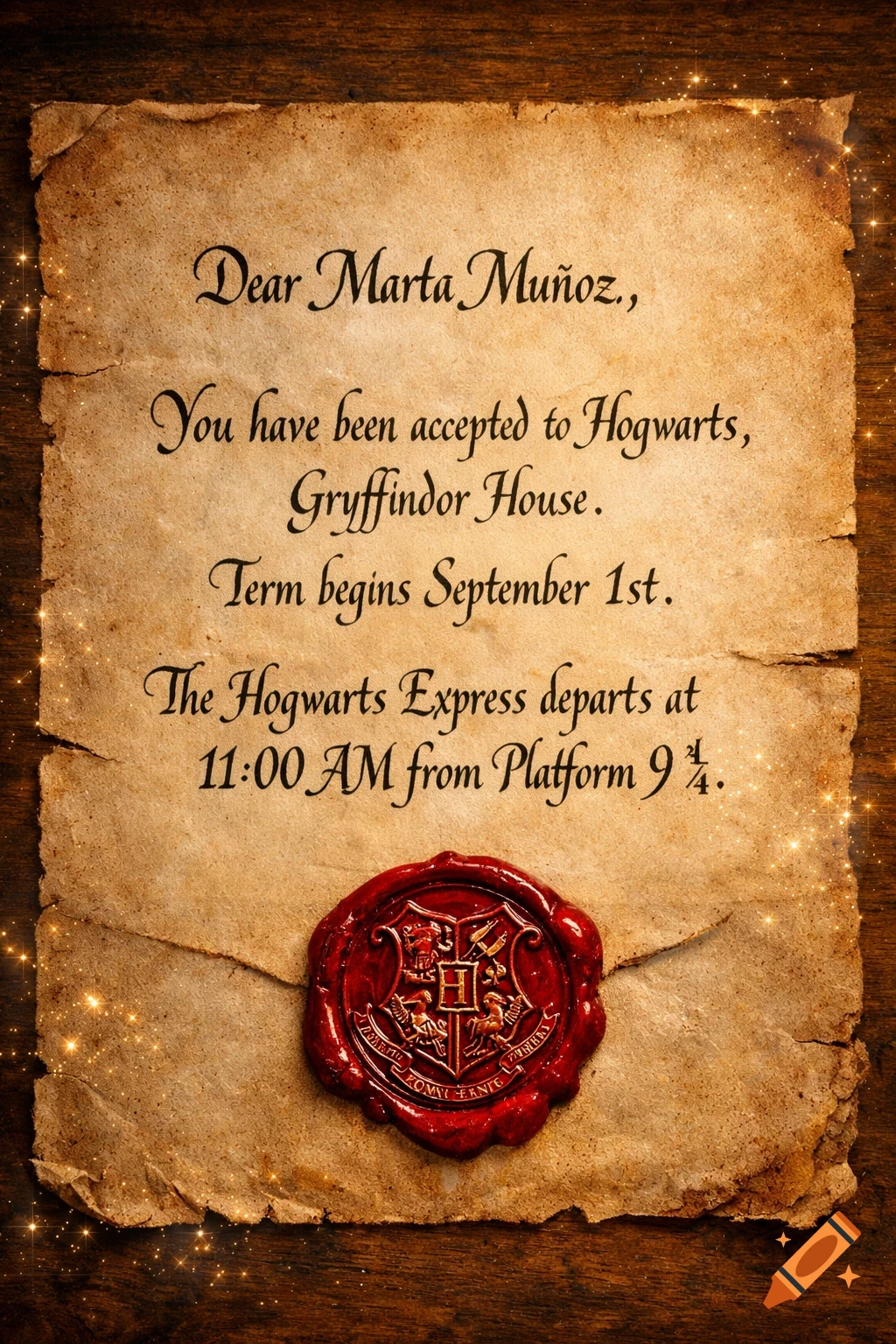 A magical Hogwarts acceptance letter on old parchment with elegant calligraphy and a red wax seal, surrounded by golden sparkles.