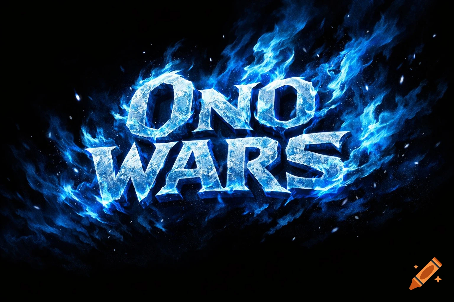 3D icy text 'ONO WARS' surrounded by bright blue flames and sparks on a black background.