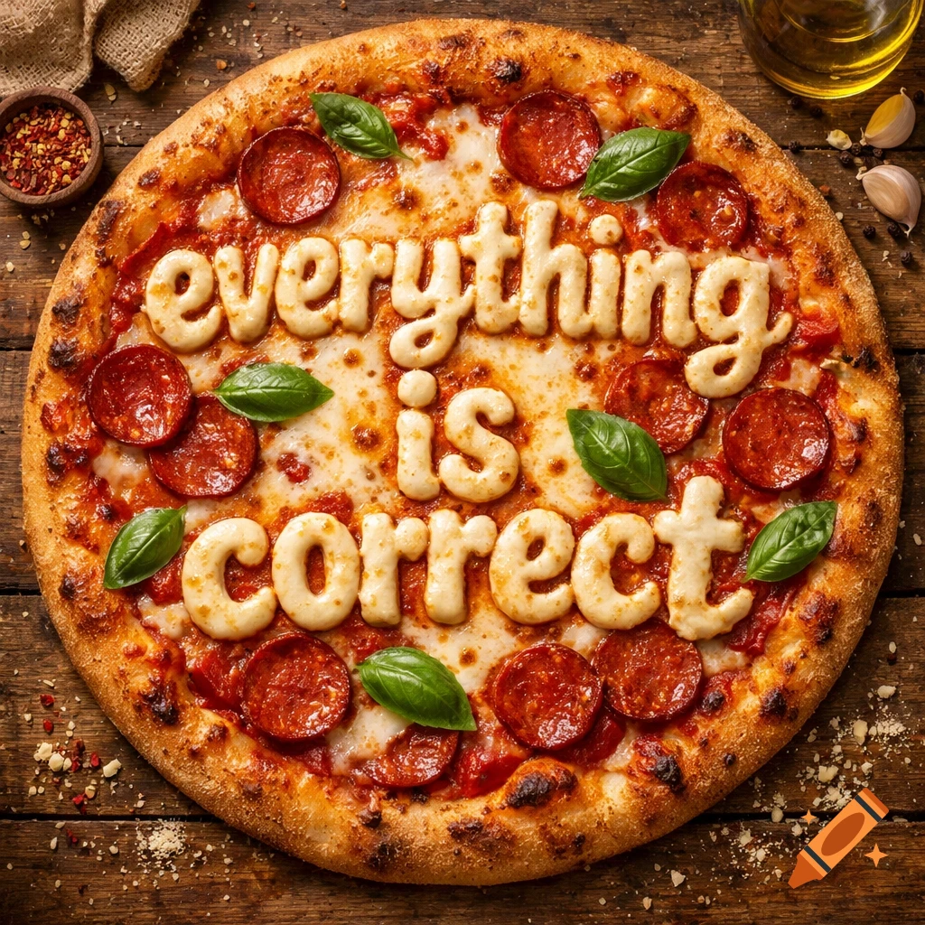 High-resolution photorealistic pizza on a rustic wooden table, with mozzarella cheese spelling 'everything is correct,' surrounded by pepperoni and basil.