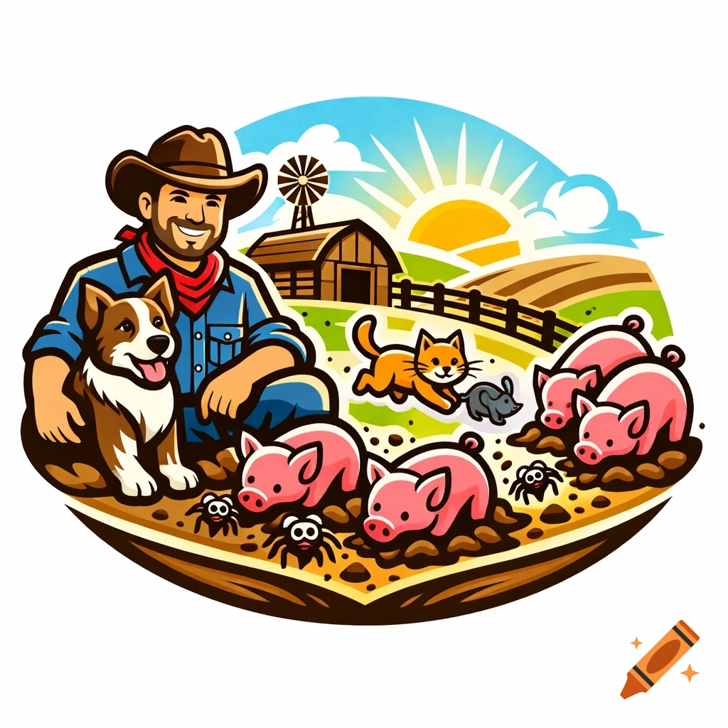 Animated cartoon logo of a cowboy with a dog, a cat chasing a rat, and pigs digging up spiders on a farm.