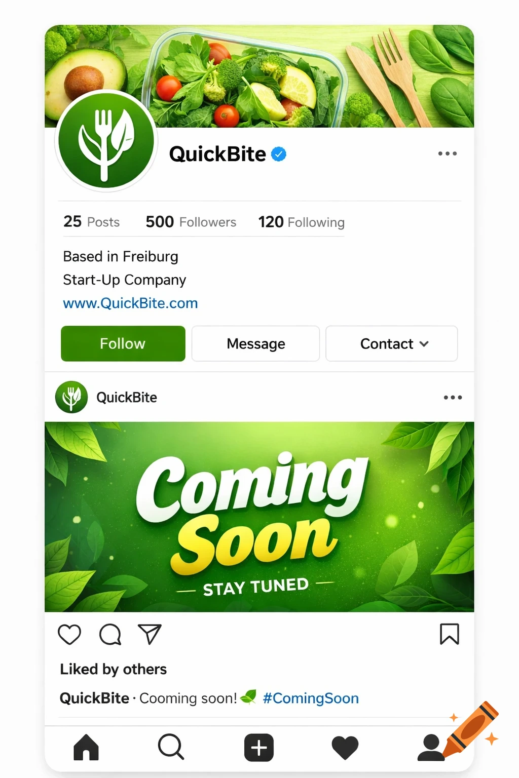 An Instagram profile for 'QuickBite' with a healthy food logo and a 'Coming Soon' post on a green leafy background.