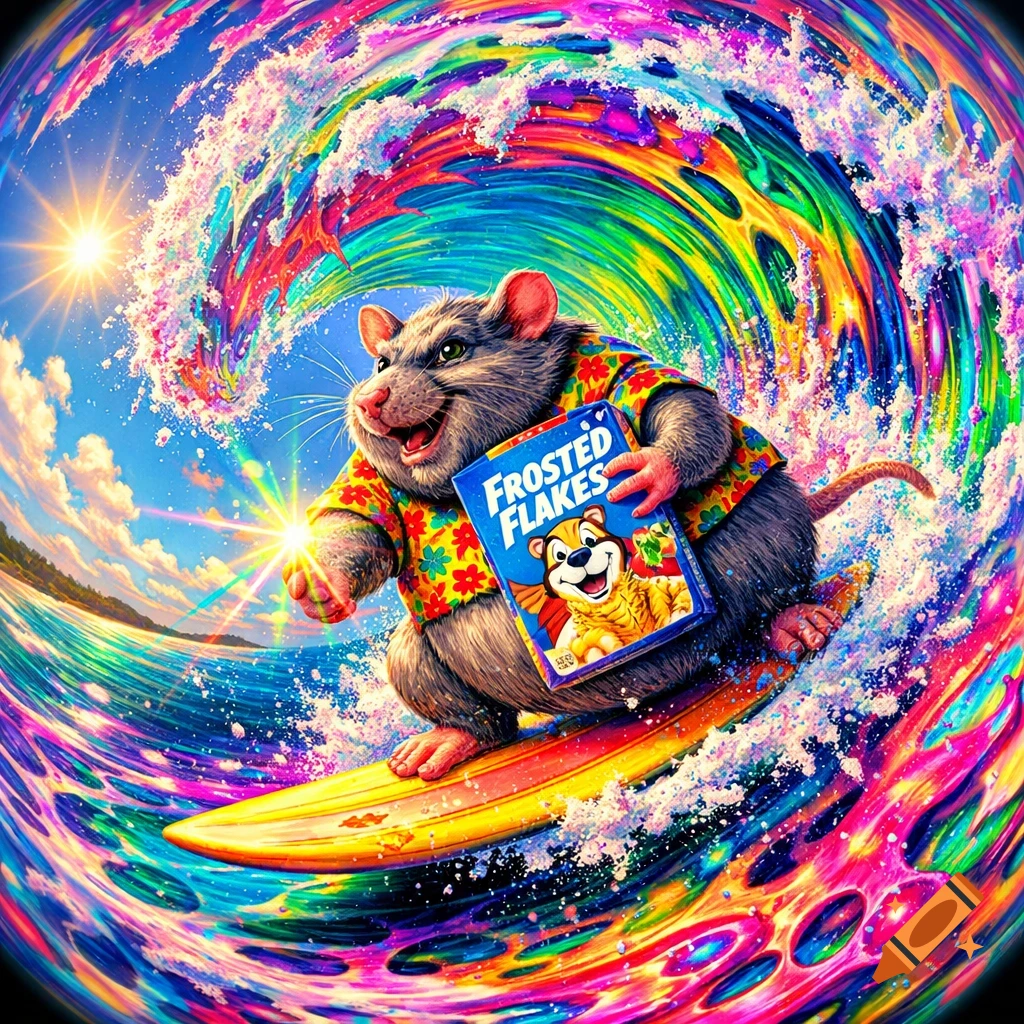 A rat in a Hawaiian shirt surfs a vibrant, psychedelic wave while holding a box of Frosted Flakes.