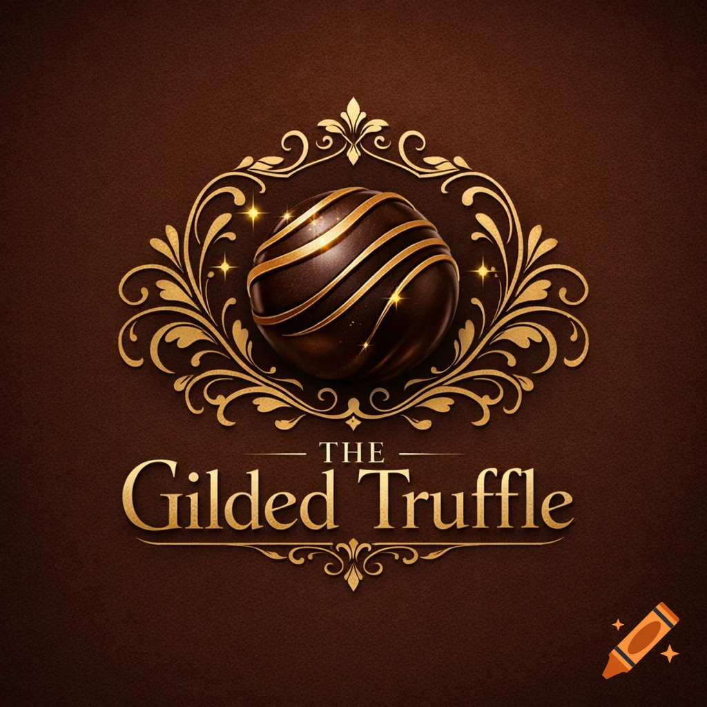 A luxurious chocolate shop logo with a dark chocolate truffle, gold stripes, ornate gold filigree, and 'THE GILDED TRUFFLE' text on a brown background.