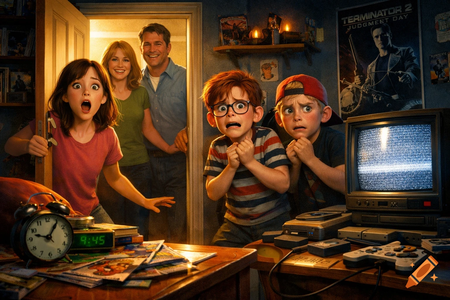 Two scared boys, a surprised girl, and two smiling adults in a cluttered room with a CRT TV and comics, in CGI animation style.