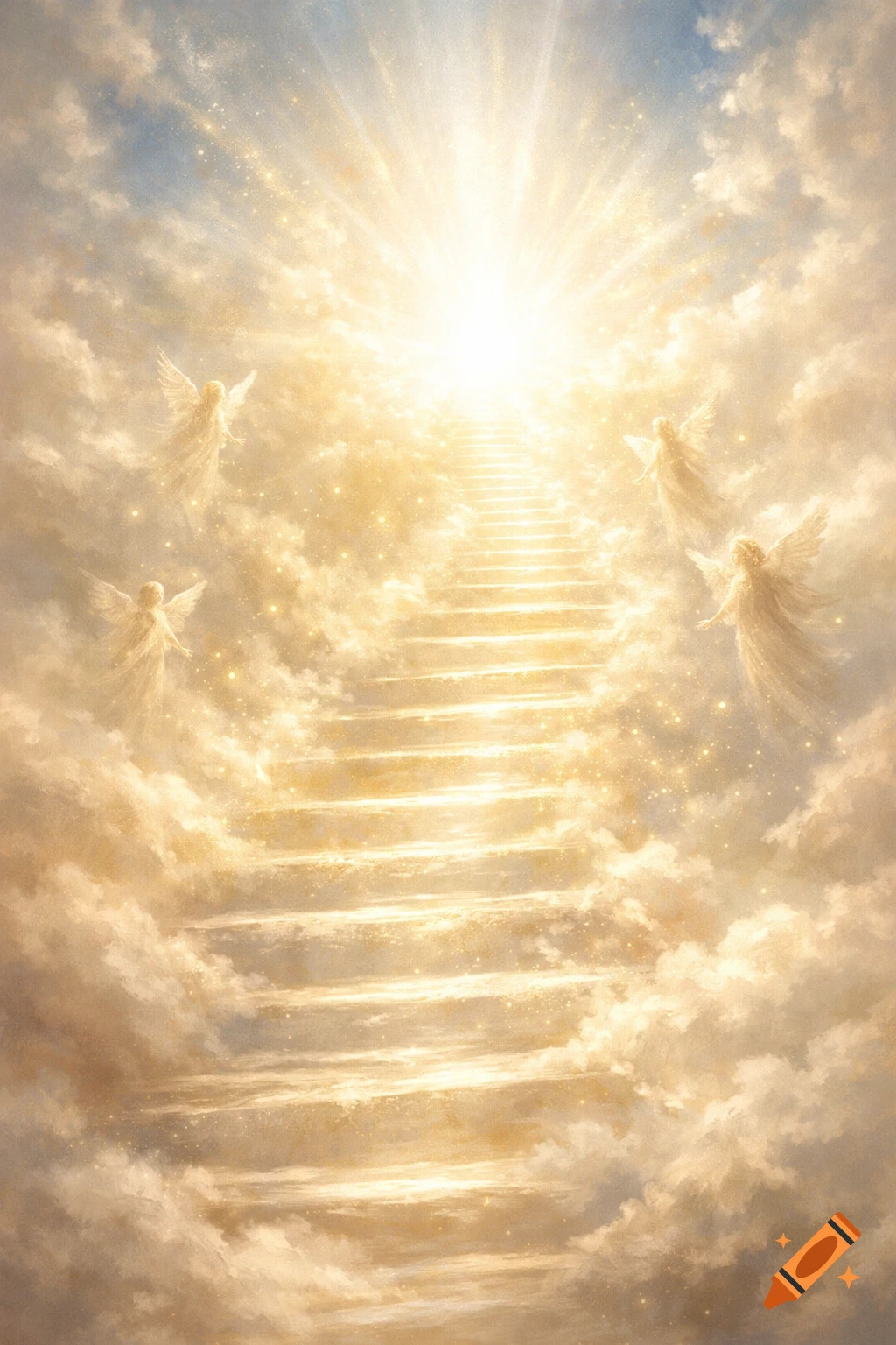 A heavenly staircase ascends into a brilliant, golden light, surrounded by soft clouds and four ethereal angels with wings.