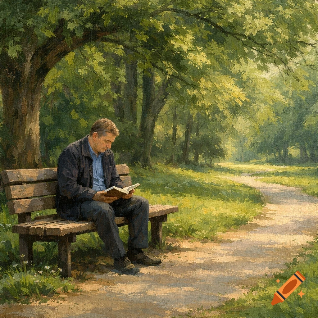 A man in a jacket reads a book on a wooden park bench, surrounded by green trees and a winding path, in a painterly style.