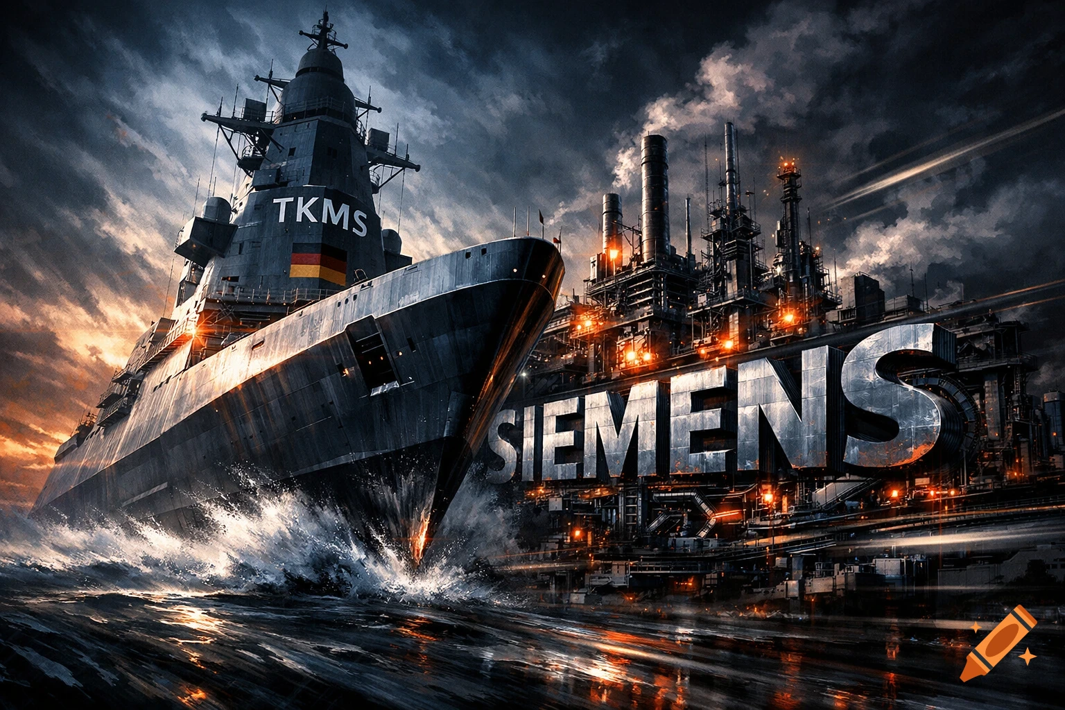 A large warship with 'TKMS' on its side sails past an industrial complex with 'SIEMENS' branding under a dramatic, stormy sky.