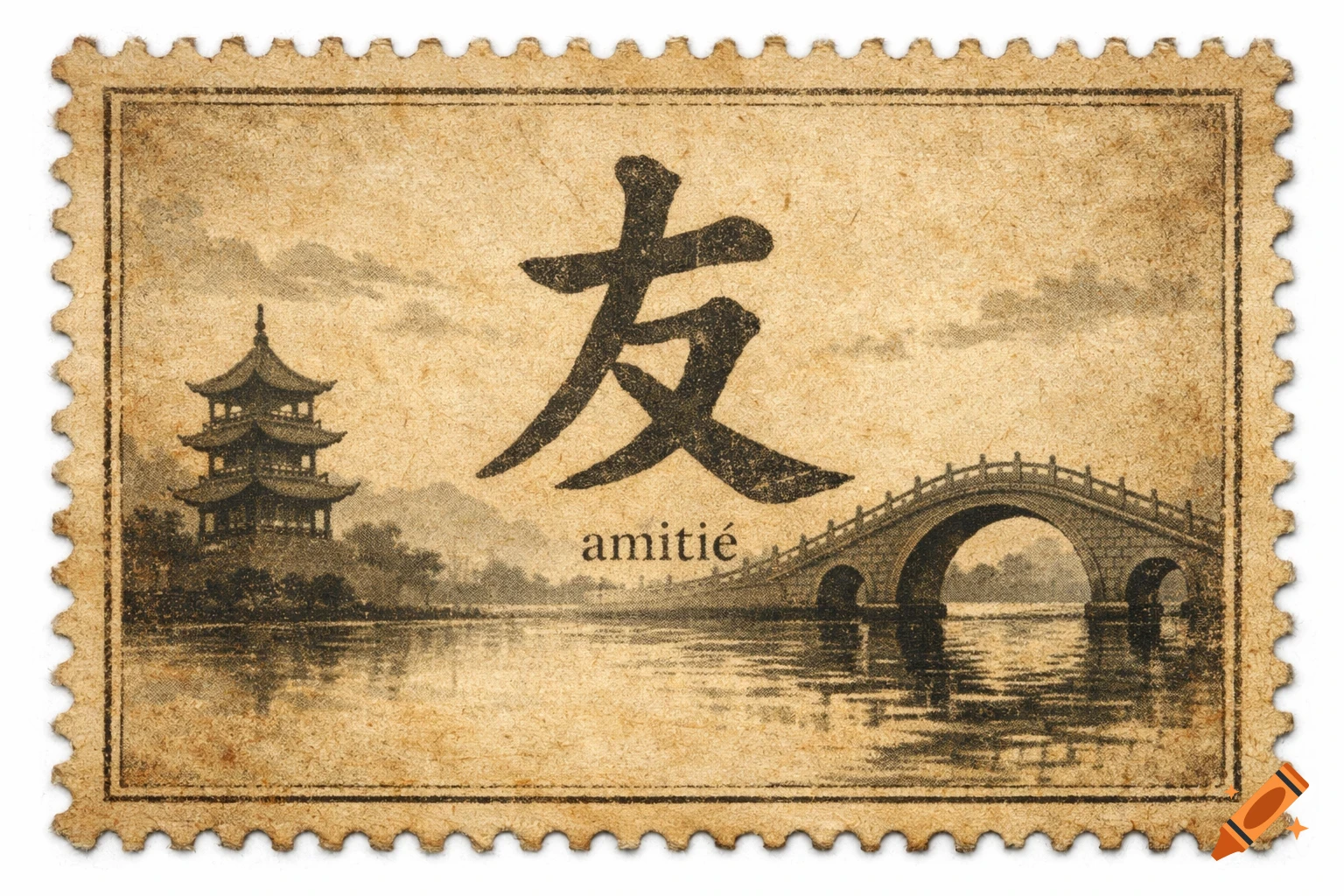 Vintage postage stamp with the Chinese character '友', 'amitié', a pagoda, and an arched bridge over water on aged paper background.