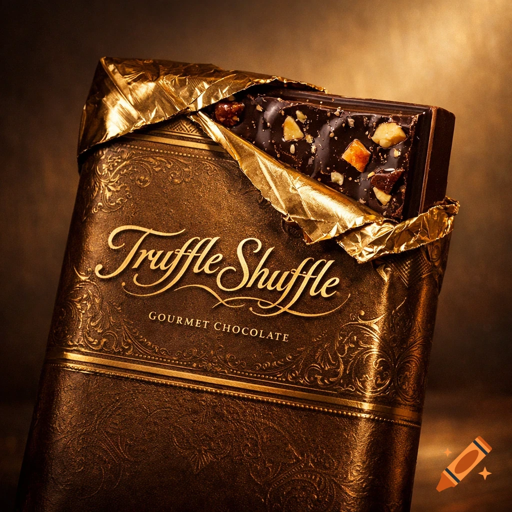 A photorealistic image of a chocolate bar named 'Truffle Shuffle' in a luxurious gold and brown wrapper, partially open to reveal the chocolate with nuts and toppings.