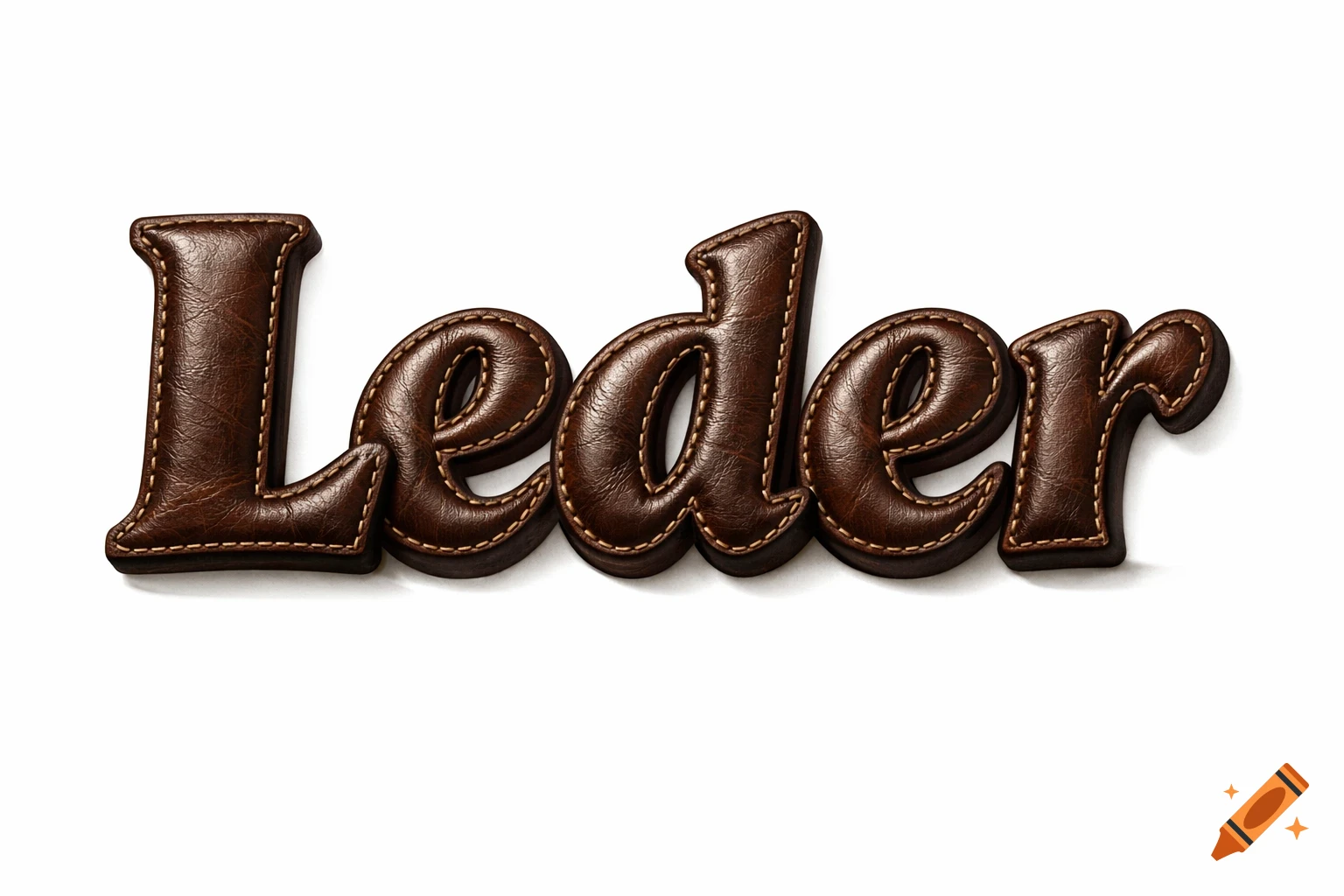 The German word 'Leder' (leather) rendered in a brown 3D leather texture with stitching on a white background.