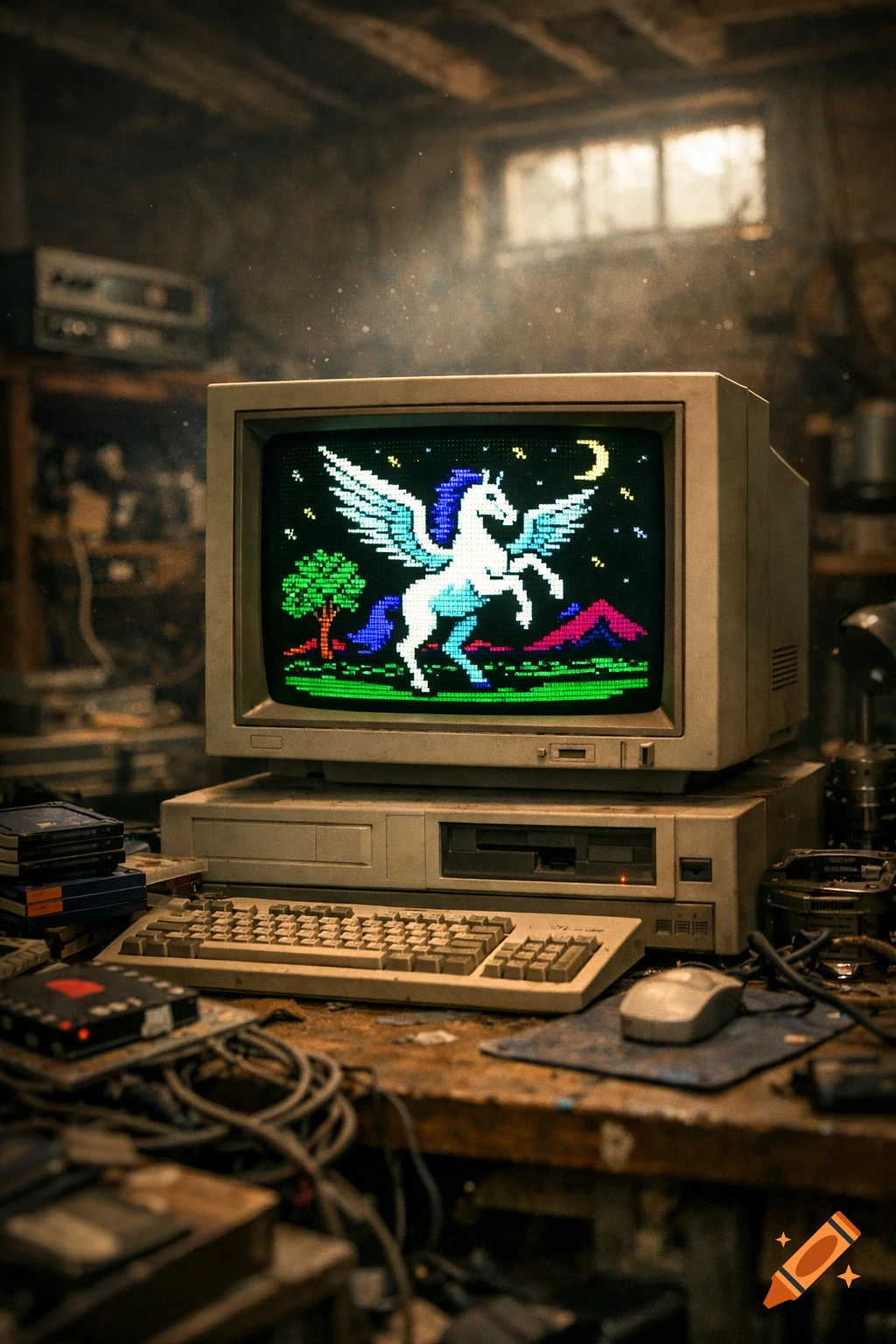 A dusty vintage computer setup in a basement, with a CRT monitor displaying a pixel art Pegasus, moon, and landscape.