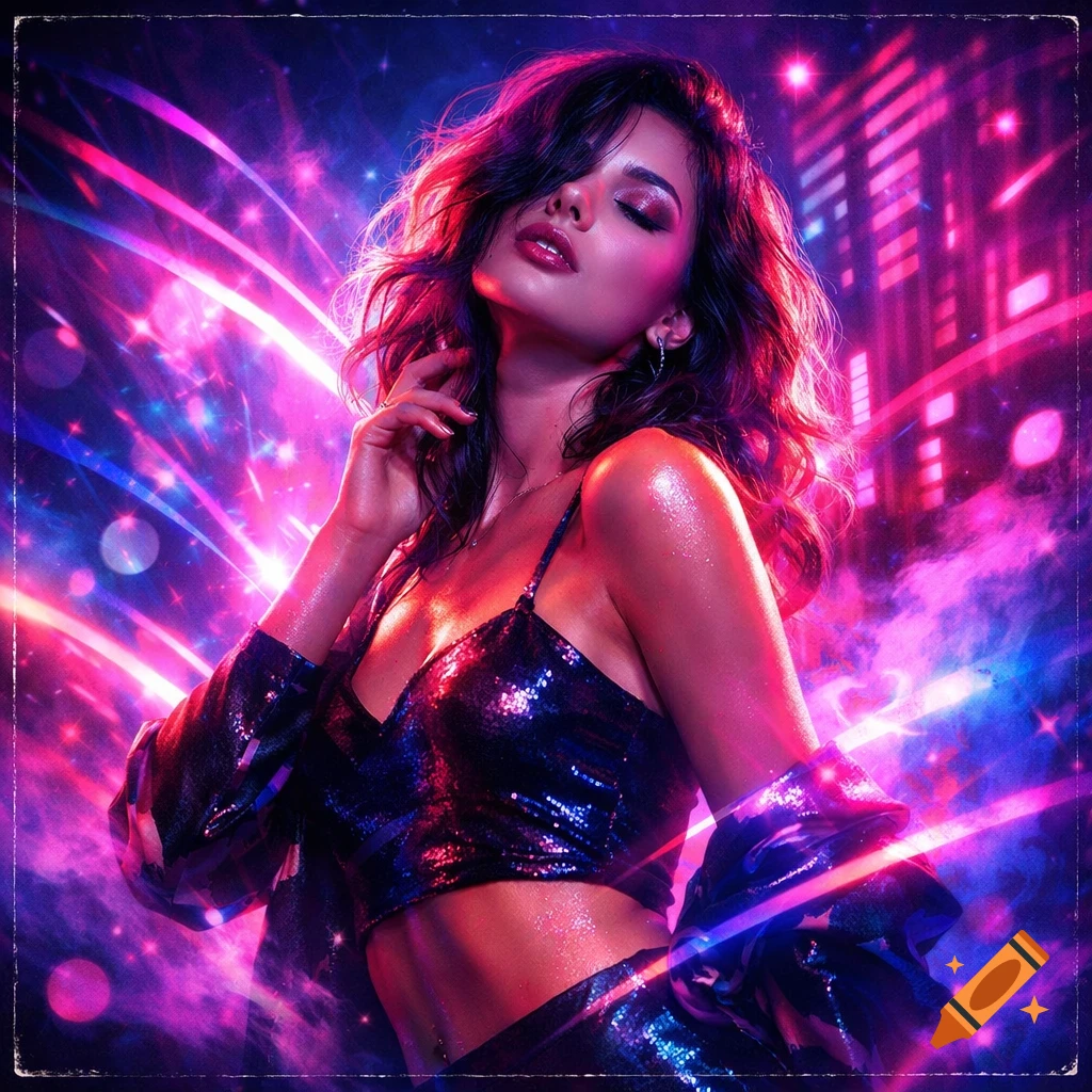 A woman in a sparkly crop top and jacket, with closed eyes, surrounded by vibrant neon pink, purple, and blue lights and city background.
