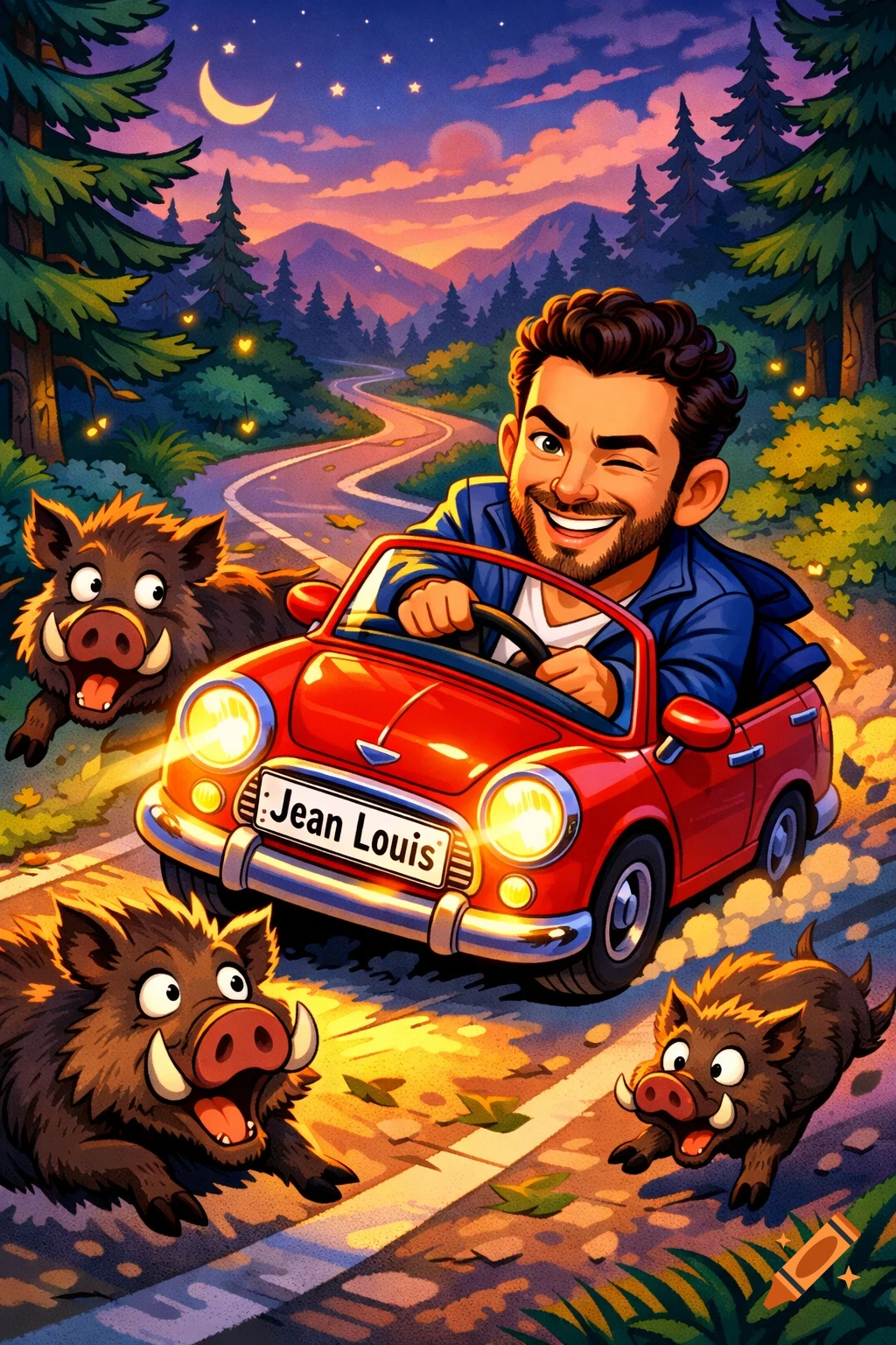 A whimsical cartoon shows a winking man in a red car driving on a forest road at dusk, with scared wild boars running in front.