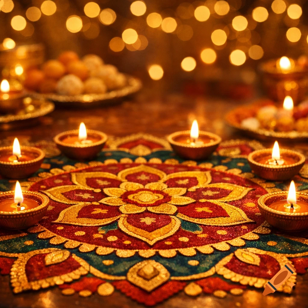 A festive Diwali scene with lit diyas arranged around a colorful rangoli pattern, with sweets and bokeh lights in the background.