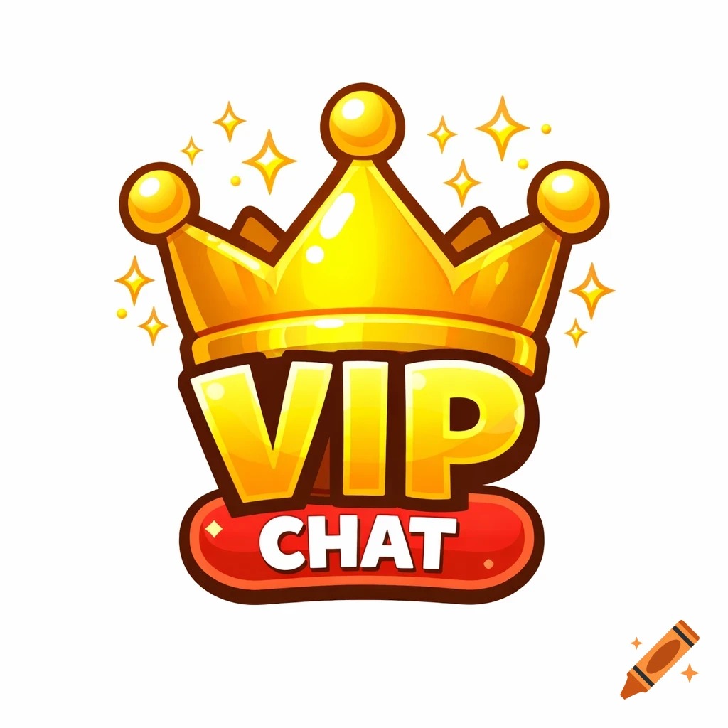 A shiny golden cartoon crown with the text "VIP" on the front and "CHAT" on a red banner below, surrounded by sparkles.