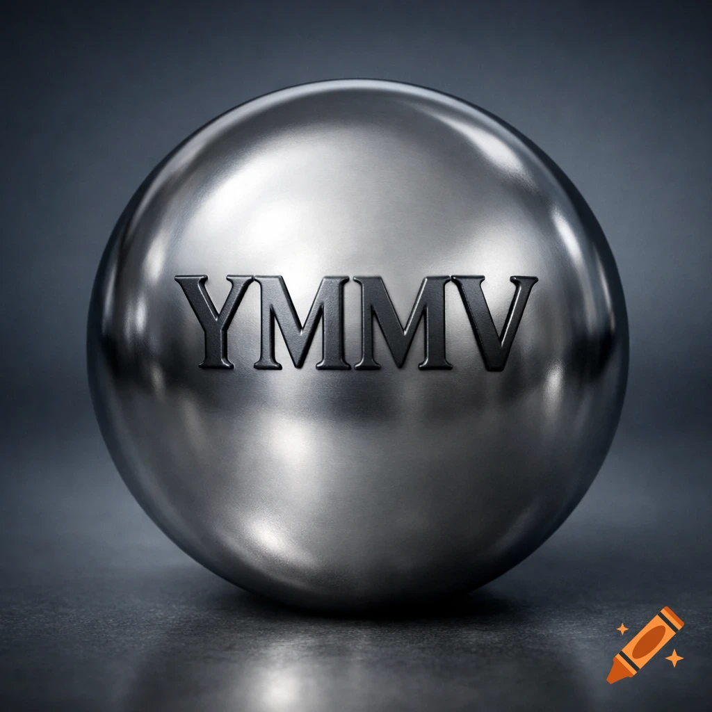 A photorealistic metallic sphere with the letters "YMMV" embossed on its surface, set against a dark, reflective background.