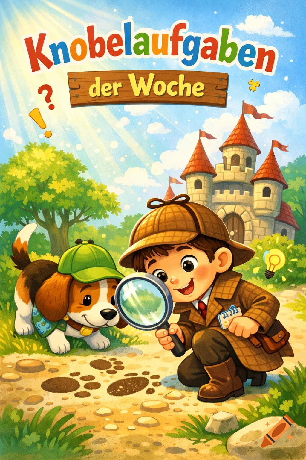 Cartoon boy detective and dog in a cap investigate footprints with a magnifying glass in front of a castle, an illustration.
