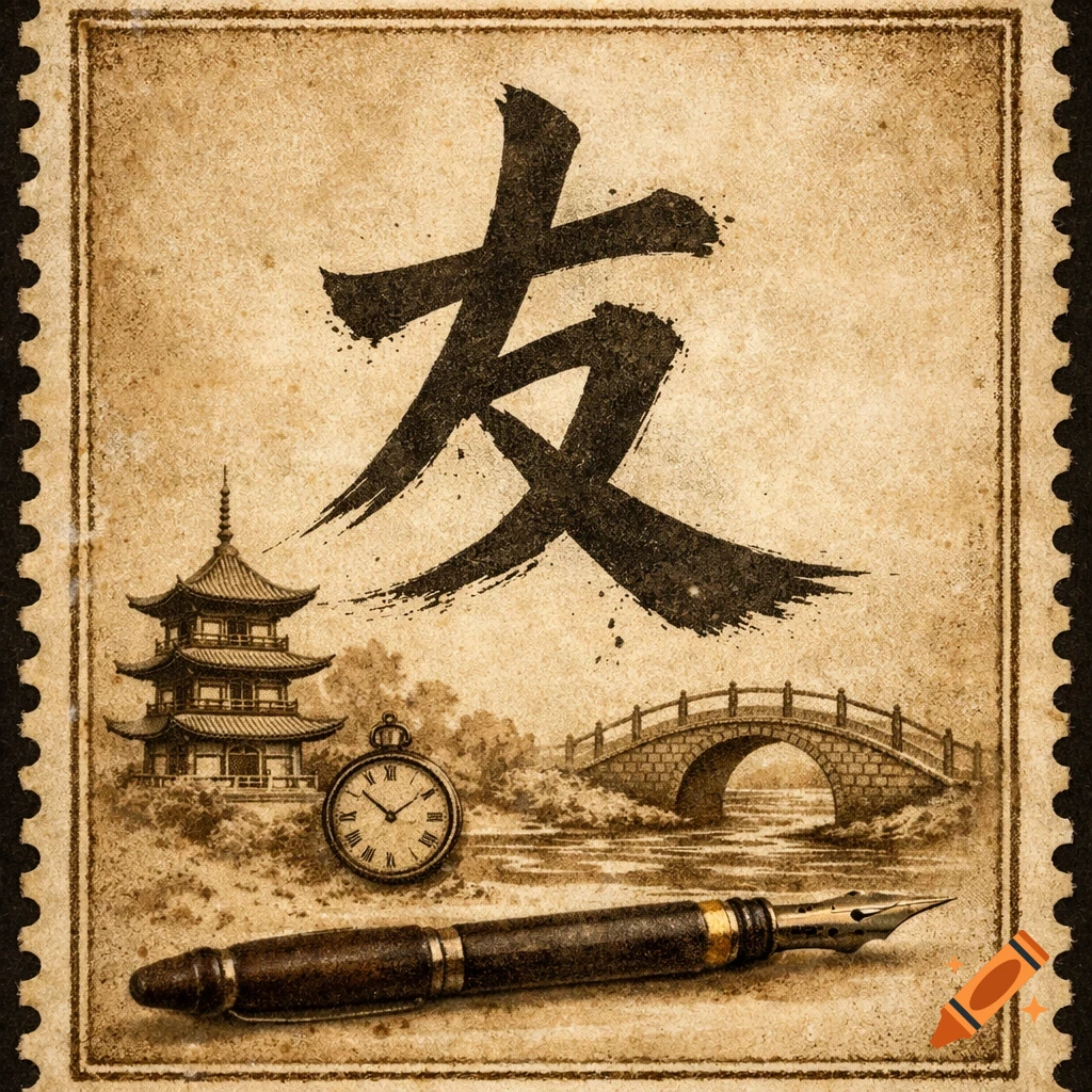 Vintage stamp with a large Chinese character 'friend', a pagoda, a stone bridge, a pocket watch, and a fountain pen on old paper texture.