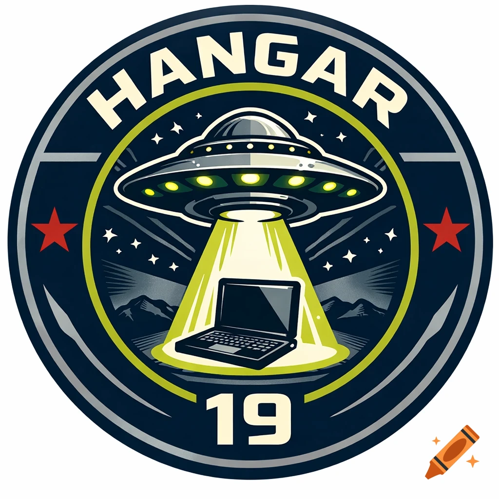 Circular military patch logo with 'Hangar' and '19', a UFO beaming a laptop, mountains, and stars, retro sci-fi vector art.