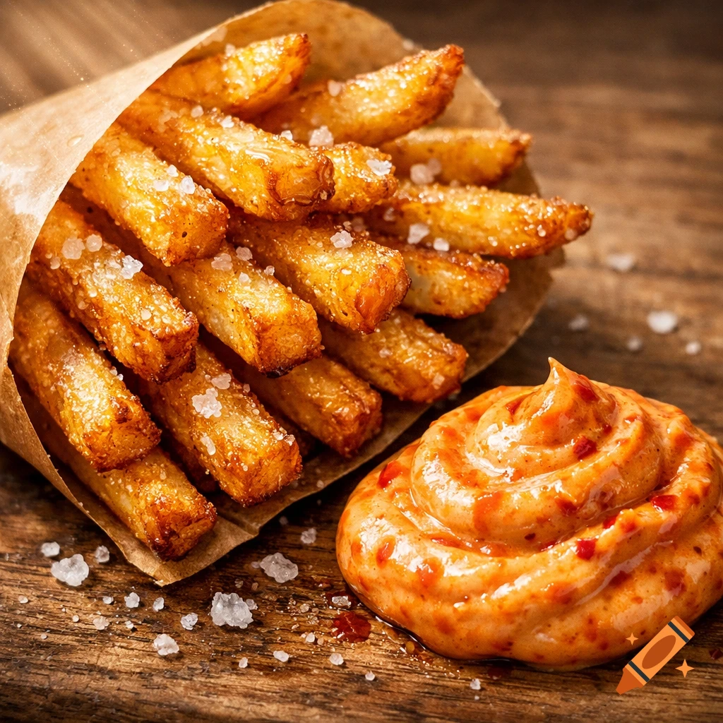 Close-up of golden crispy french fries in a paper cone, sprinkled with large salt crystals, next to a swirl of spicy orange sauce on a rustic wooden table.