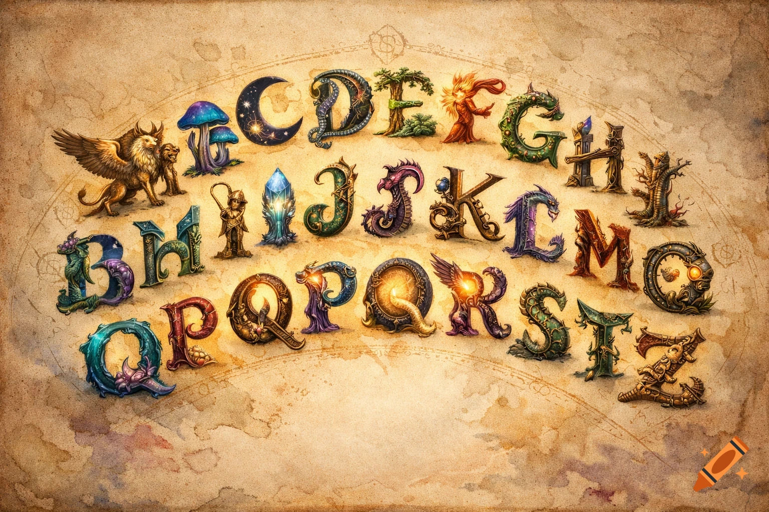 A whimsical fantasy alphabet, each letter from A to Z intricately designed as mythical creatures, magical objects, or natural elements on an aged parchment background.