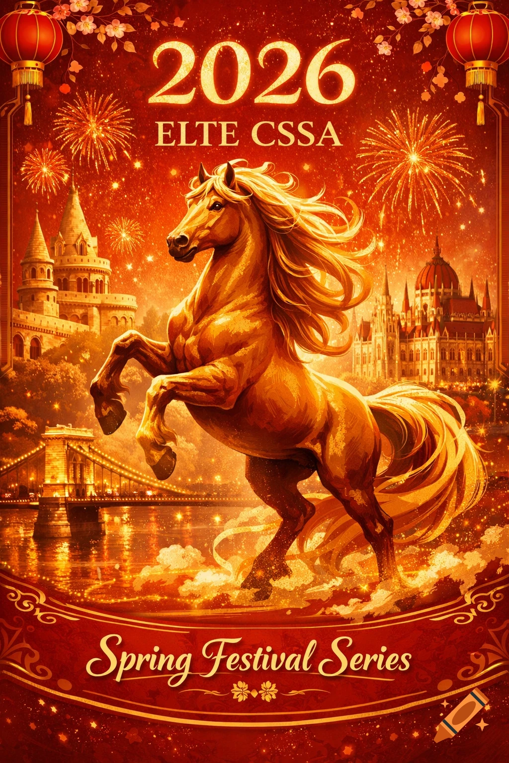 A vibrant red and gold Chinese New Year poster with a rearing horse, fireworks over the Budapest skyline, and text '2026 ELTE CSSA Spring Festival Series'.