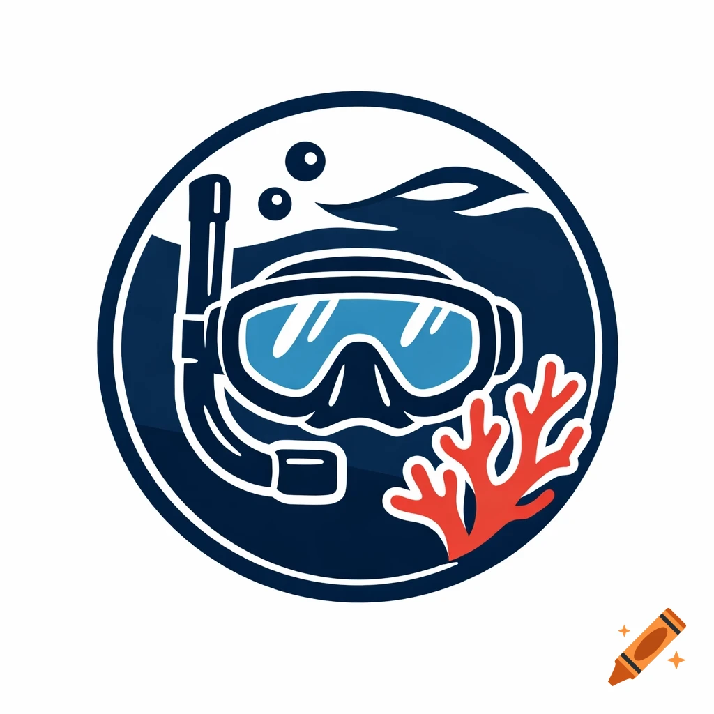 Circular logo with a dark blue diving mask and snorkel, light blue lenses, and red coral in an underwater scene.