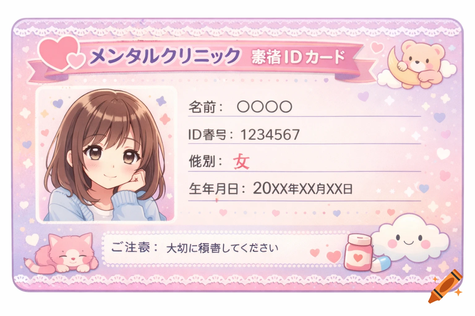 Cute anime style ID card for a mental clinic featuring an anime girl, cat, teddy bear, and medicine bottles in pastel colors.