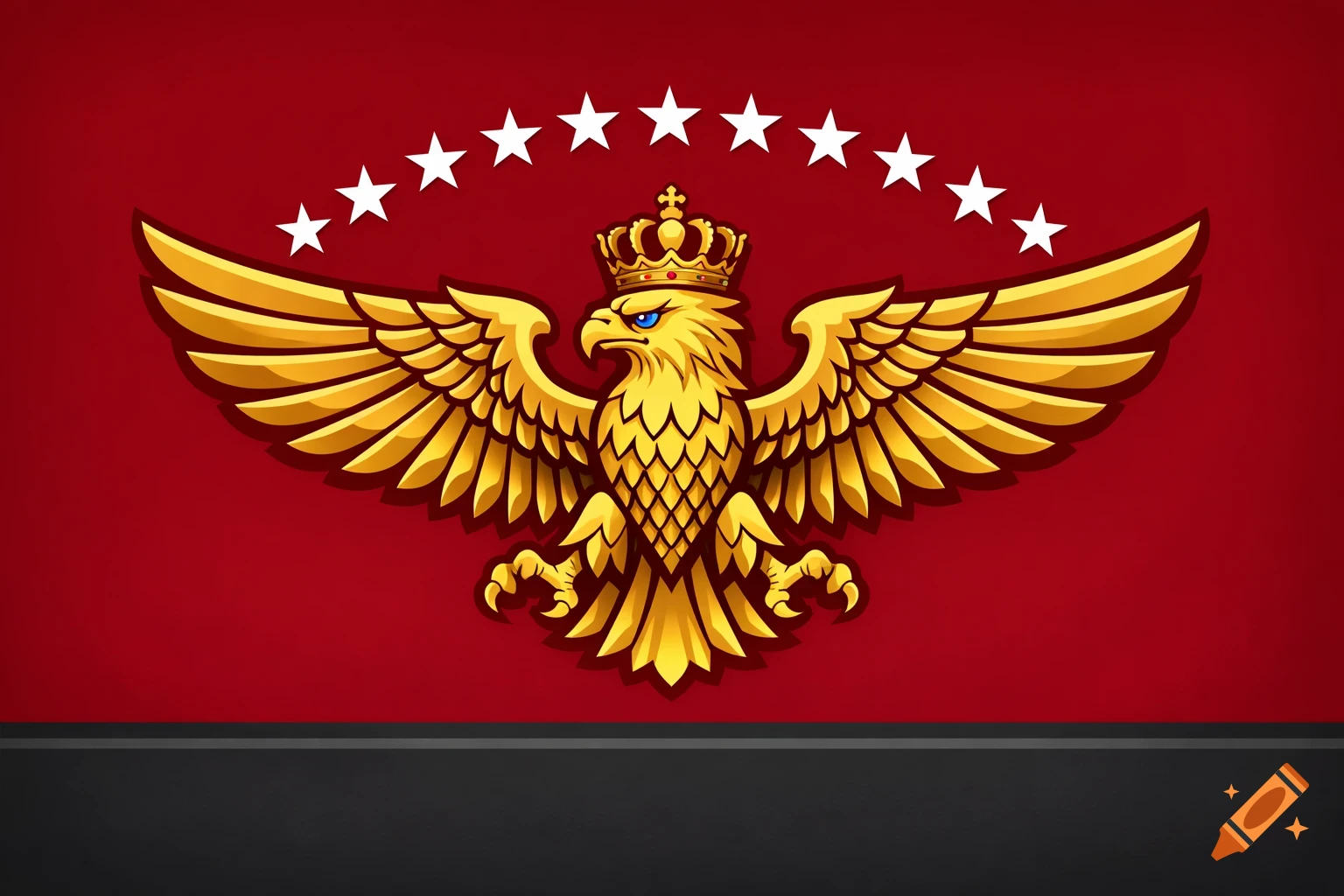 A majestic golden crowned eagle with spread wings and blue eyes on a rich red background, accented by an arc of nine white stars.