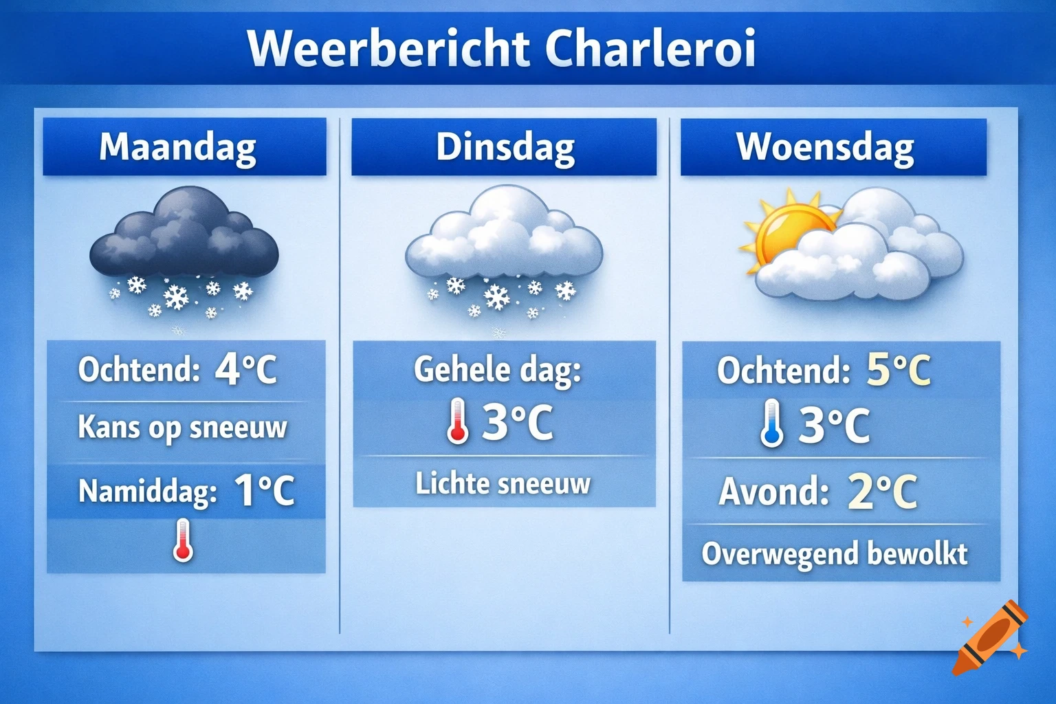 A three-day weather forecast for Charleroi in Dutch, showing snow and cloudy conditions with temperatures between 1°C and 5°C.