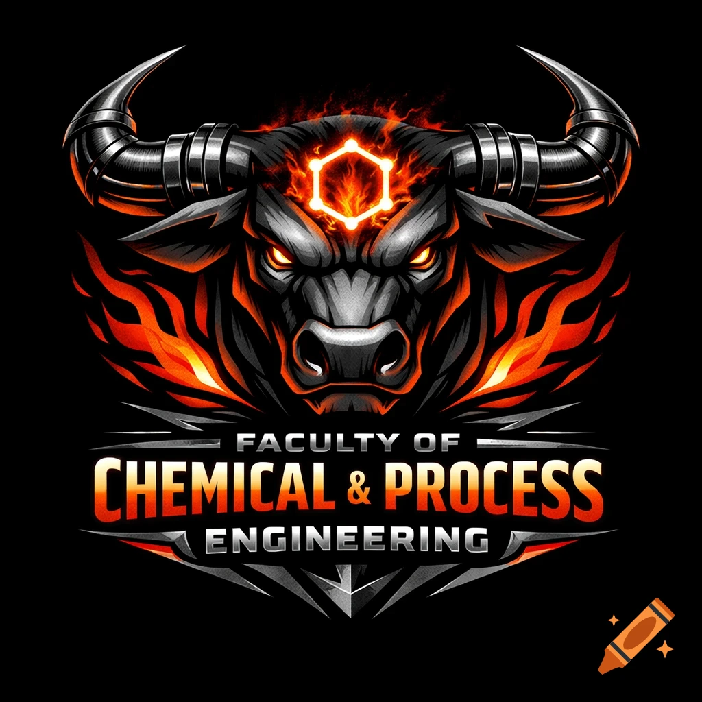 Black bull head logo with glowing eyes, hexagonal symbol, fiery mane, and pipeline horns. Text: FACULTY OF CHEMICAL & PROCESS ENGINEERING.