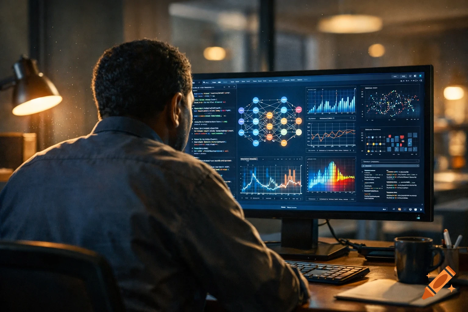 Rear view of a man working at a computer displaying machine learning code and data visualizations in an office.