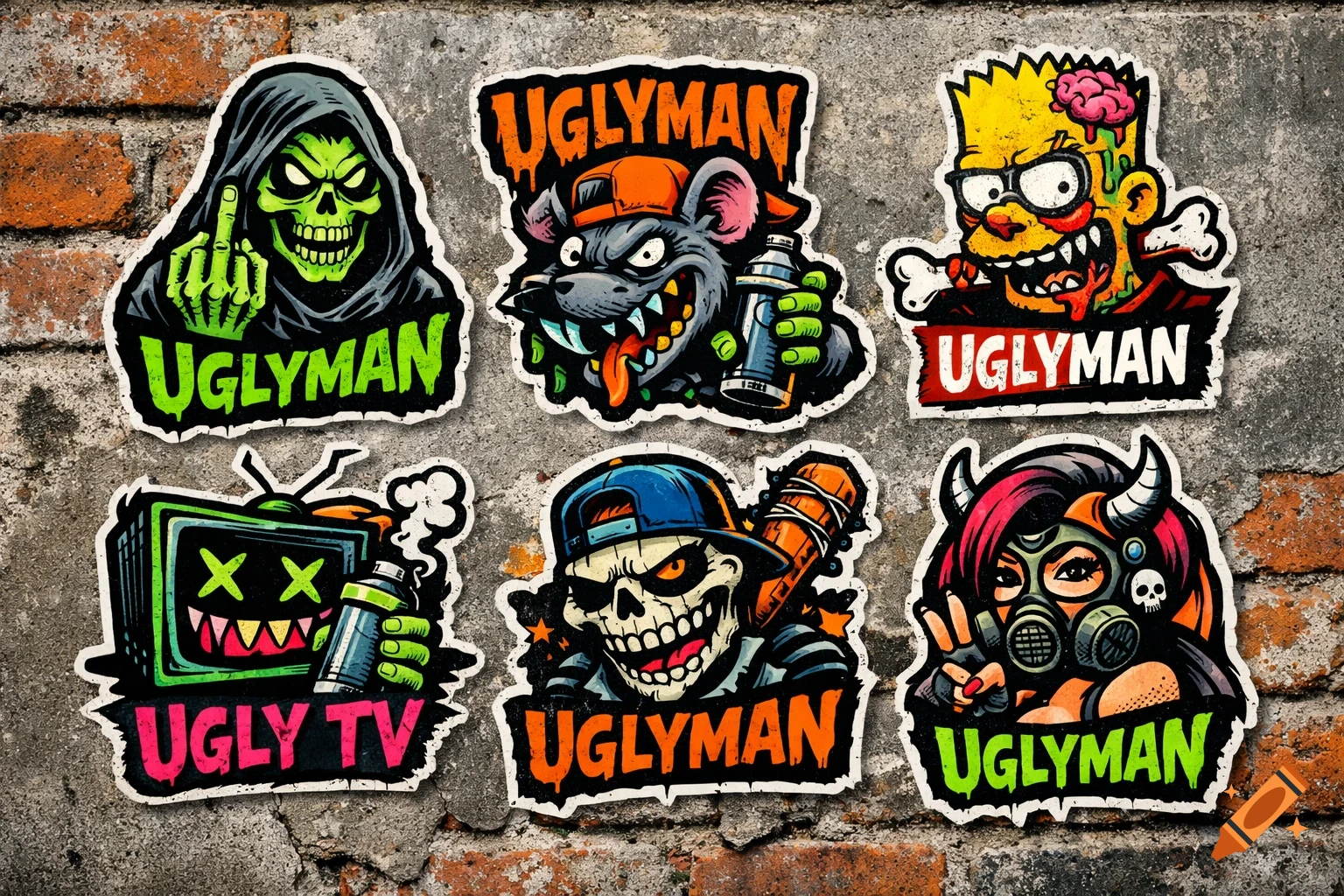 A collection of six colorful, edgy street art style stickers, including a grim reaper, a rat, a zombie Bart Simpson, a TV, a skull, and a person in a gas mask, all adhered to a brick wall.