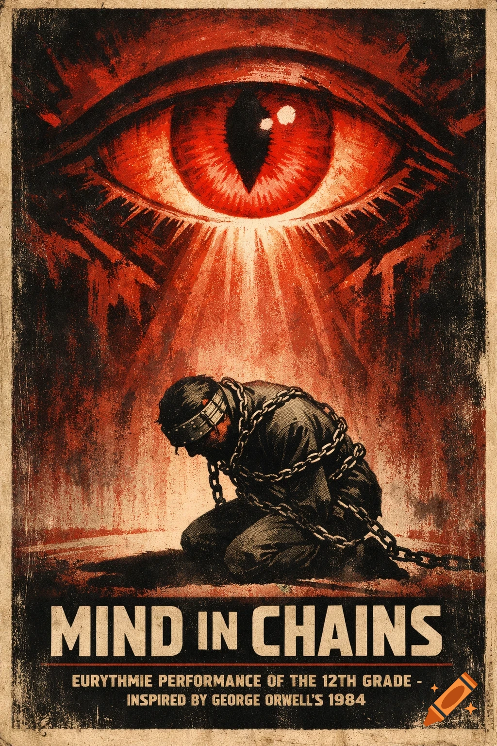 A vintage propaganda poster shows a large, menacing red eye shining light on a man kneeling in chains. The text reads "MIND IN CHAINS" and "EURYTHMIE PERFORMANCE OF THE 12TH GRADE - INSPIRED BY GEORGE ORWELL'S 1984."