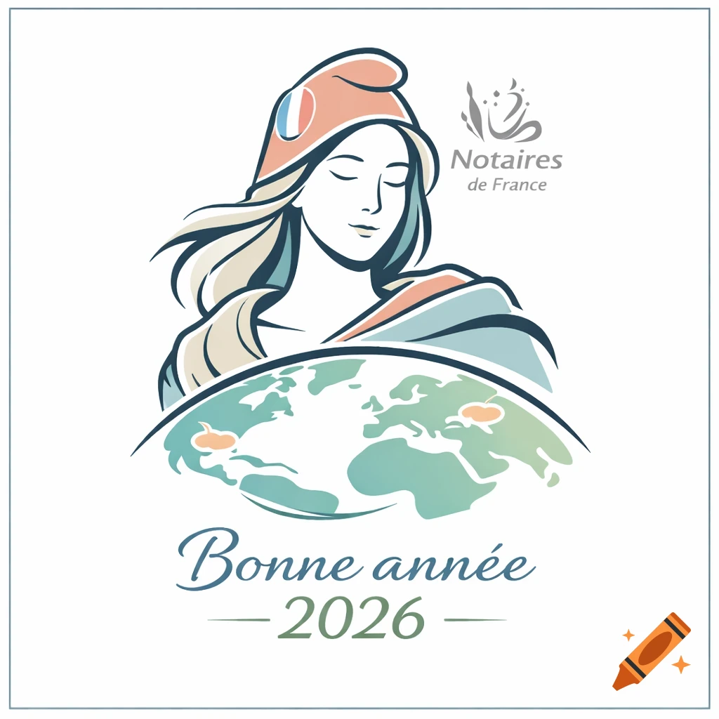 Minimalist illustration of Marianne in a Phrygian cap, embracing a globe, with 'Notaires de France' logo and 'Bonne année 2026' text.
