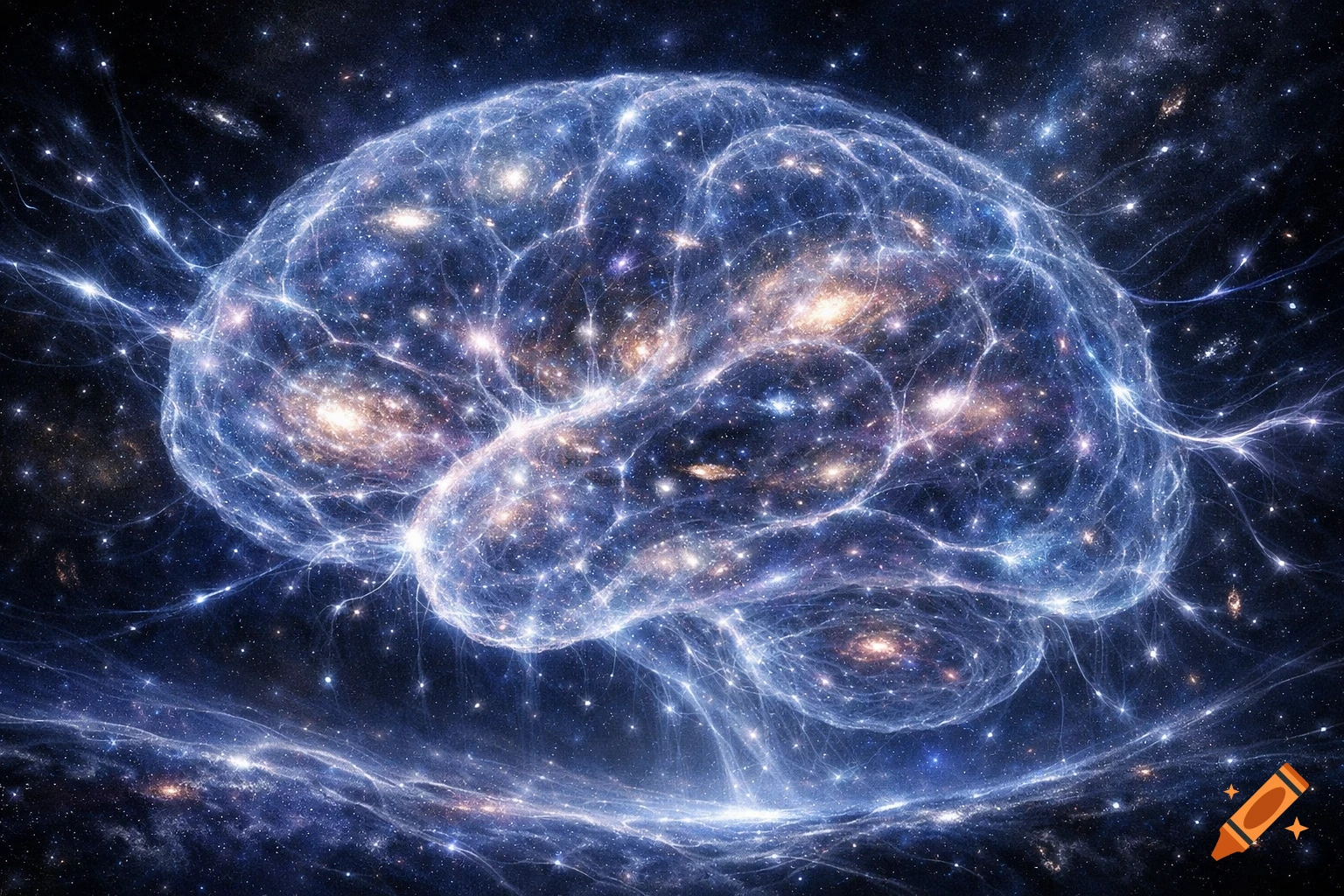 A luminous, glowing blue and purple nebula in the shape of a brain, filled with stars and galaxies, against a dark cosmic background.