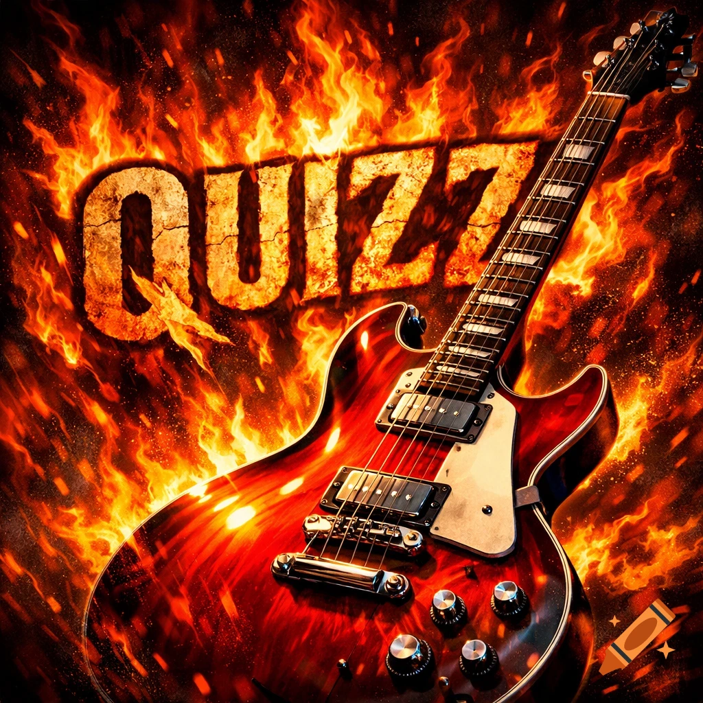 A red electric guitar engulfed in vibrant flames, with the word 'QUIZZ' in stone-like text in the background.
