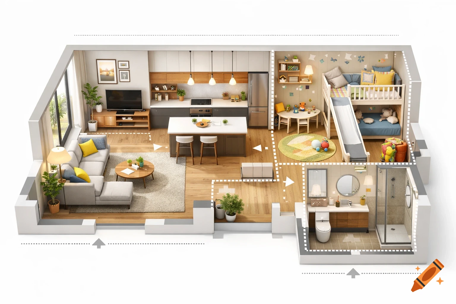 Aerial view of a modern apartment floor plan showing a living room, kitchen, child's bedroom with bunk beds, and bathroom.