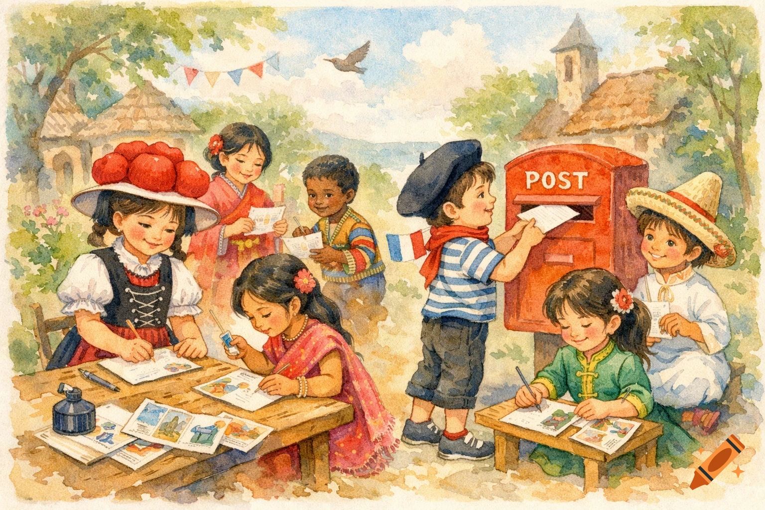 Watercolor illustration of diverse children in traditional clothing writing and mailing postcards at a red mailbox in a village setting.