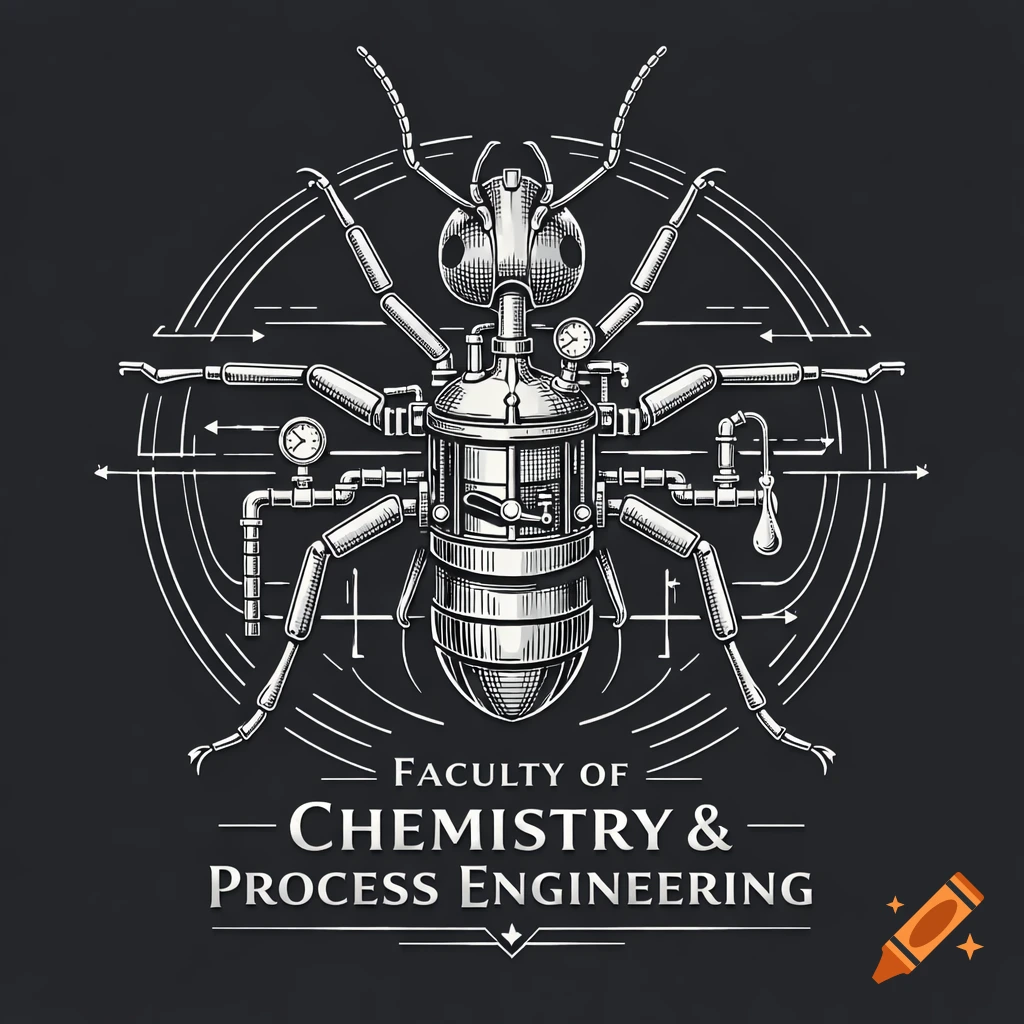 Detailed white line art logo of a mechanical ant with a chemical reactor for its body, pipes, and gauges on a dark background. Text reads "Faculty of Chemistry & Process Engineering".
