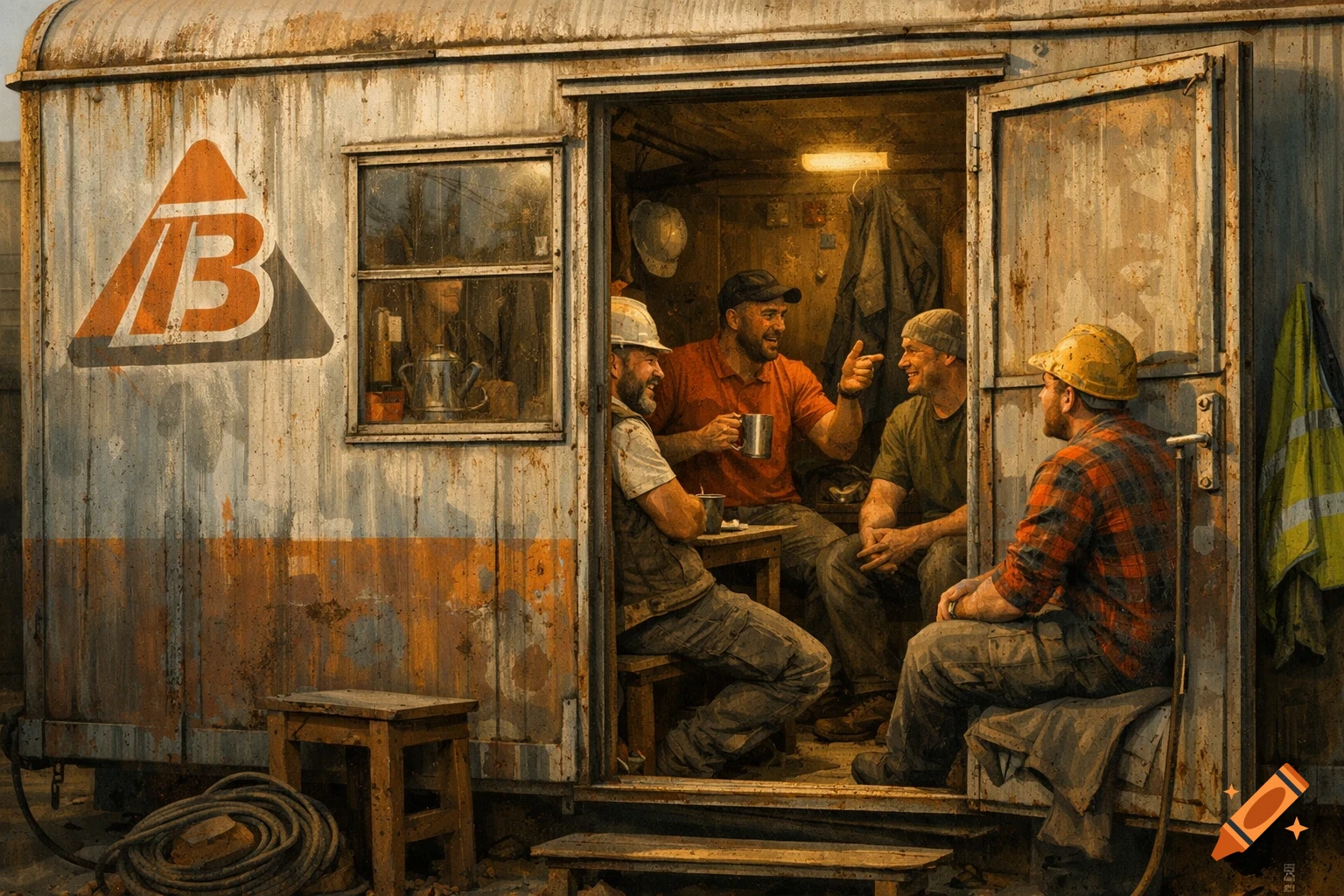 Four construction workers relax and chat during a break, two inside a rusty utility trailer with a logo, and two sitting on its steps.