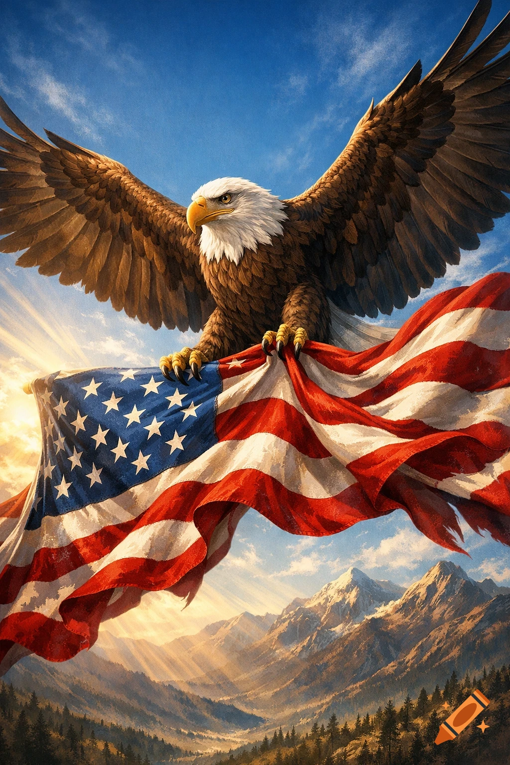 A majestic bald eagle soars, gripping a rippling American flag over a sunlit mountain landscape with forested valleys.