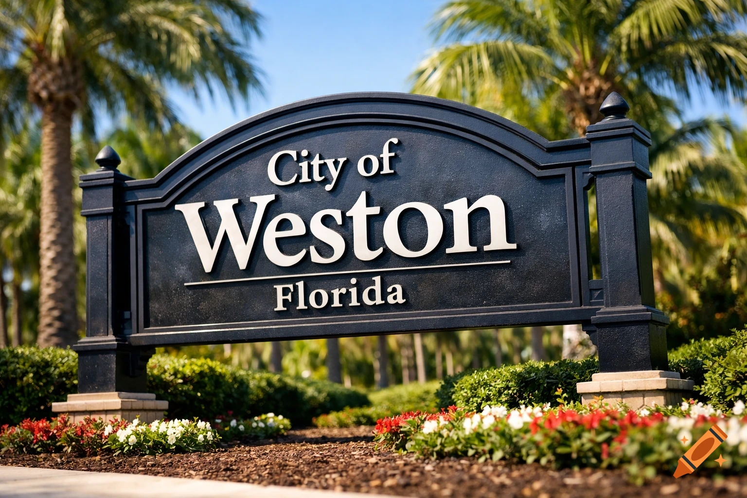 A black entrance sign for 'City of Weston Florida' amidst green bushes, red and white flowers, and palm trees under a blue sky.
